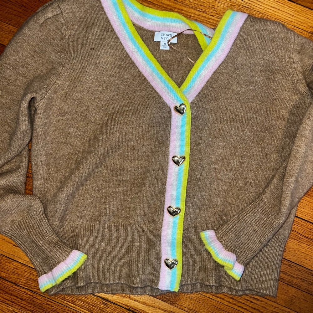 Brown fuzzy stripped multi colored Crown & Ivy sweater Size Medium